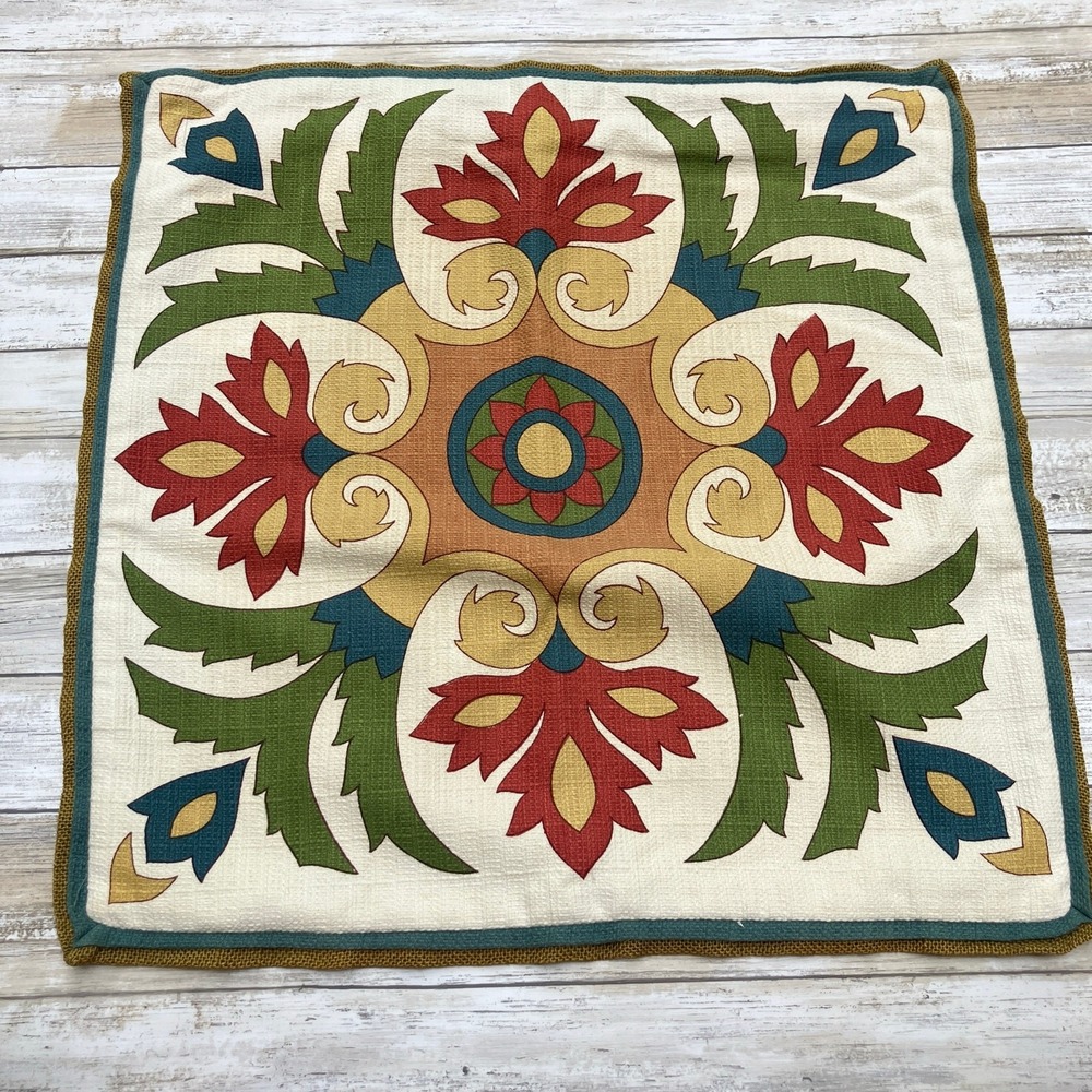 Pier 1 Throw Pillow Cover Sham‎ Cotton Bohemian Green Cream Colorful 19.5" x 19"